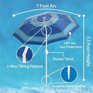 Body Glove Beach Umbrella - 7 Ft Heavy Duty Portable Beach Umbrellas for Sand & Sun UPF 50+ Protection, Wind & Sand Anchor for Strong Stability, Large Vented Umbrella + 2-Way Tilt System (Dyed Border)