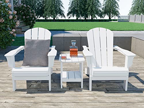 kevinplus Adirondack Chair Set of 2 & Side Table, Modern HDPE Resin Composite Adirondack Chairs for Adult, Weather Resistant for Outdoor Fire Pit Patio Garden Campfire Backyard Beach Pool, White