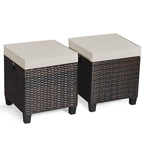 BETTARY 2PCS Patio Outdoor Ottomans, Rattan Wicker Ottoman Seat w/Removable Cushions, Rattan Footstool Footrest Seat Set, Patio Wicker Furniture Small Chair for Home,Patio, Garden, Backyard (Brown)