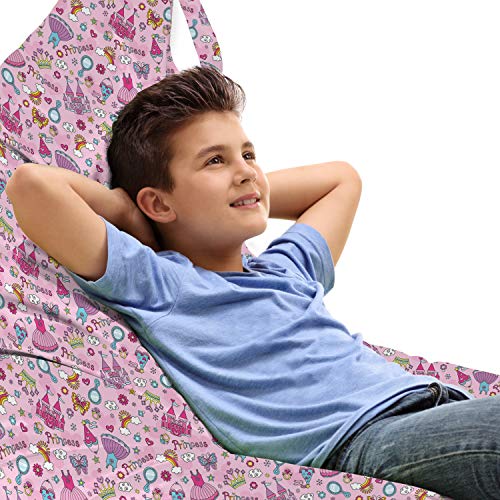 Lunarable Cartoon Lounger Chair Bag, Teenage Girl Themed Image with Cartoon Dresses Castle and Rainbows Beauty Royalty, High Capacity Storage with Handle Container, Lounger Size, Multicolor