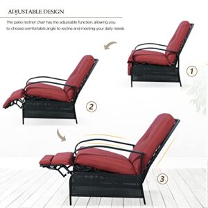 Ulax Furniture Adjustable Patio Recliner Chair Set of 2 Reclining Lounge Chair Metal Relaxing Recliner Sofa Chair Outdoor Metal Furniture Chair with Thick Cushion, Red