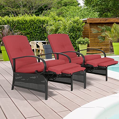 Ulax Furniture Adjustable Patio Recliner Chair Set of 2 Reclining Lounge Chair Metal Relaxing Recliner Sofa Chair Outdoor Metal Furniture Chair with Thick Cushion, Red