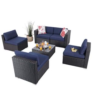 phi villa outdoor sectional furniture 6 piece patio sofa set low-back rattan wicker conversation set, navy blue