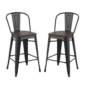 lssbought tolix style 26 inches metal counter stools with wood seat and backrest indoor-outdoor use stackable bar stools set of 2 (black)