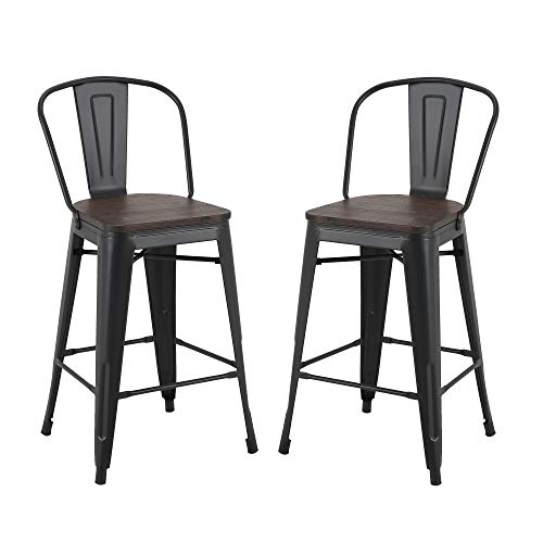 LSSBOUGHT Tolix Style 26 Inches Metal Counter Stools with Wood Seat and Backrest Indoor-Outdoor Use Stackable Bar Stools Set of 2 (Black)