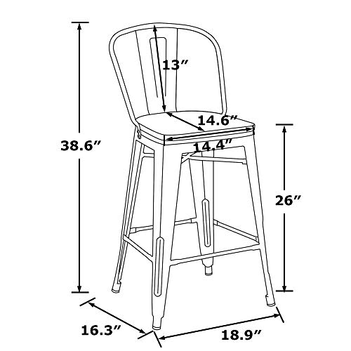 LSSBOUGHT Tolix Style 26 Inches Metal Counter Stools with Wood Seat and Backrest Indoor-Outdoor Use Stackable Bar Stools Set of 2 (Black)