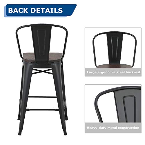 LSSBOUGHT Tolix Style 26 Inches Metal Counter Stools with Wood Seat and Backrest Indoor-Outdoor Use Stackable Bar Stools Set of 2 (Black)