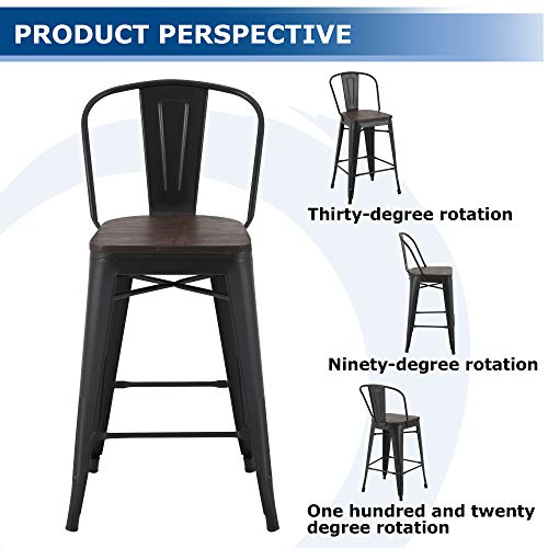LSSBOUGHT Tolix Style 26 Inches Metal Counter Stools with Wood Seat and Backrest Indoor-Outdoor Use Stackable Bar Stools Set of 2 (Black)