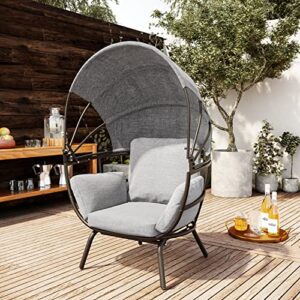 pellebant egg chair with folding canopy, aluminum lounge chair with 4 soft deep cushion, indoor outdoor lounger for patio, backyard, living room, 265lb capacity gray