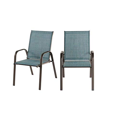 Mix and Match Dark Taupe Steel Sling Outdoor Patio Dining Chair in Conley Denim Blue (2-Pack)