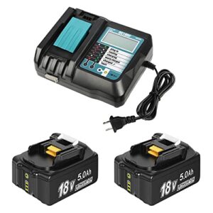 2 pack 18v 5000mah lithium-ion replacement battery for makita and 14.4v-18v replacement charger for makita bl1830 bl1850 bl1840