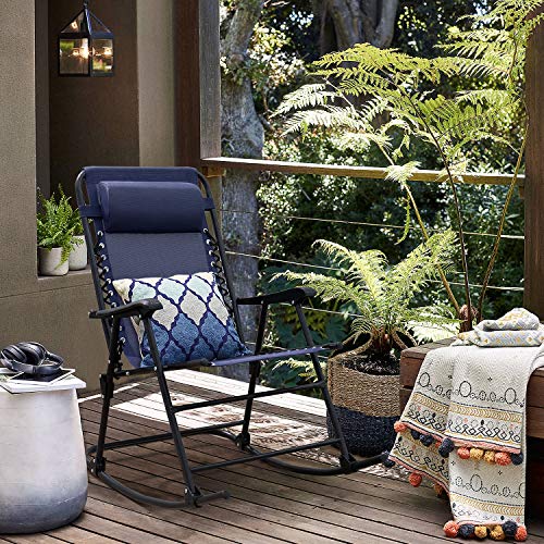 Devoko Patio Rocking Zero Gravity Chair Outdoor Wide Recliner Chair for Lawn Beach Camping Poolside with Headrest Pillow (Light Blue)