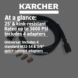 Karcher 25' High Pressure Replacement/Extension Hose for Pressure Washers - 3600 PSI - Adapters Included - Quick Connect/M22