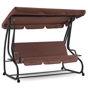 mcombo 3 seat patio swing chair, outdoor swing with adjustable canopy, weather resistant steel frame, porch swing sets for backyard, poolside, balcony, 4090 (brown)
