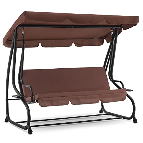 Mcombo 3 Seat Patio Swing Chair, Outdoor Swing with Adjustable Canopy, Weather Resistant Steel Frame, Porch Swing Sets for Backyard, Poolside, Balcony, 4090 (Brown)