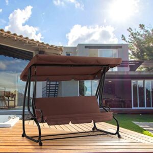 Mcombo 3 Seat Patio Swing Chair, Outdoor Swing with Adjustable Canopy, Weather Resistant Steel Frame, Porch Swing Sets for Backyard, Poolside, Balcony, 4090 (Brown)