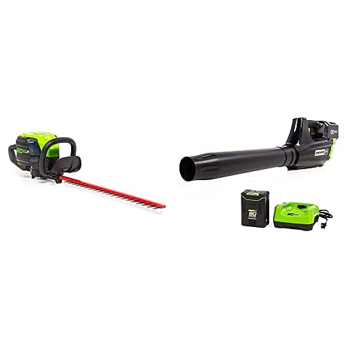 Greenworks Pro 80V 24-Inch Brushless Hedge Trimmer and Pro 80V (125 MPH / 500 CFM) Cordless Axial Leaf Blower Combo Kit, 2.0Ah Battery and Charger Included