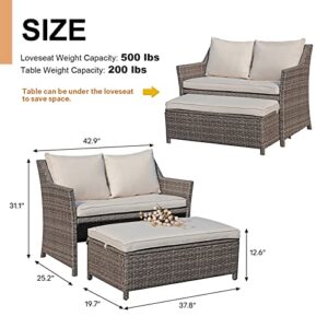 OC Orange-Casual 2-Piece Outdoor Patio Furniture Wicker Love-seat and Coffee Table Set, with Built-in Storage Bin, Grey Rattan, Beige Cushions