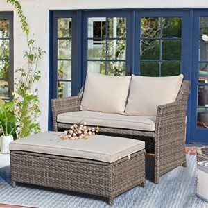 OC Orange-Casual 2-Piece Outdoor Patio Furniture Wicker Love-seat and Coffee Table Set, with Built-in Storage Bin, Grey Rattan, Beige Cushions