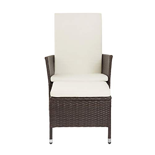 Teamson Home Patio High Back Chair PE Wicker with Pull-Out Ottoman and Cushions, Brown and White