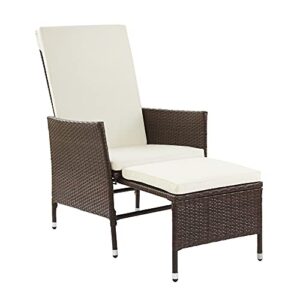 Teamson Home Patio High Back Chair PE Wicker with Pull-Out Ottoman and Cushions, Brown and White