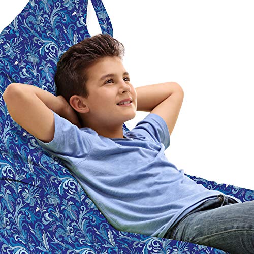 Lunarable Navy Blue Lounger Chair Bag, Oriental Pastel Floral Hand Drawn Ornate Flower Pattern Eastern Graphic Design, High Capacity Storage with Handle Container, Lounger Size, Navy Blue