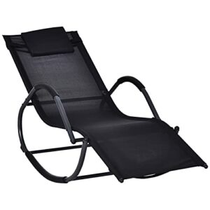 outsunny outdoor rocking chair, chaise lounge pool chair for sun tanning, sunbathing rocker, armrests & pillow for patio, lawn, beach, large, black