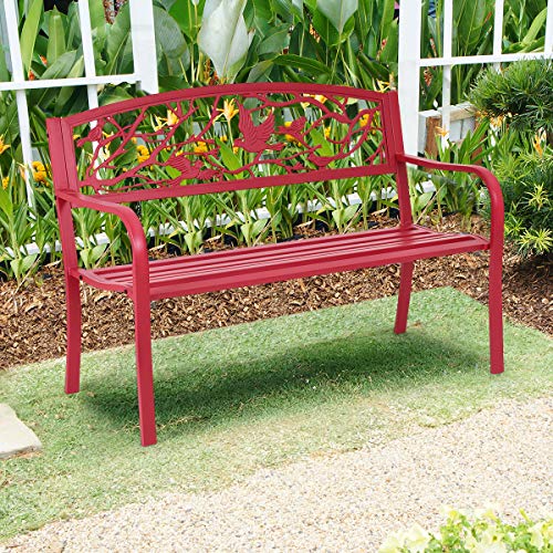 Giantex Patio Garden Bench Park Yard Outdoor Furniture Cast Iron Porch Chair (Red)