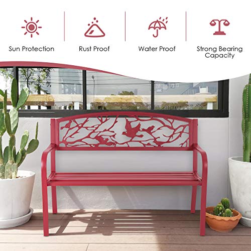 Giantex Patio Garden Bench Park Yard Outdoor Furniture Cast Iron Porch Chair (Red)