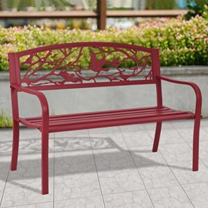 Giantex Patio Garden Bench Park Yard Outdoor Furniture Cast Iron Porch Chair (Red)