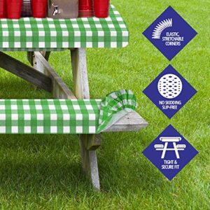 Sorfey Vinyl Picnic Table and Bench Fitted Tablecloth Cover, Checkered Design, Flannel Backed Lining, 28 x 72 Inch, 3-Piece Set, Green