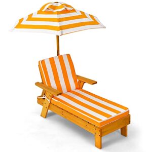costzon kids chaise lounge, wood patio chair w/cushion & umbrella, detachable & height adjustable, recliner for beach lawn outdoor, children furniture gift for boy girl 3-8 year old, kids beach chair