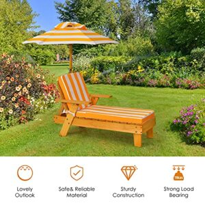 Costzon Kids Chaise Lounge, Wood Patio Chair w/Cushion & Umbrella, Detachable & Height Adjustable, Recliner for Beach Lawn Outdoor, Children Furniture Gift for Boy Girl 3-8 Year Old, Kids Beach Chair