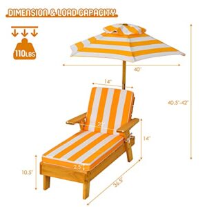 Costzon Kids Chaise Lounge, Wood Patio Chair w/Cushion & Umbrella, Detachable & Height Adjustable, Recliner for Beach Lawn Outdoor, Children Furniture Gift for Boy Girl 3-8 Year Old, Kids Beach Chair