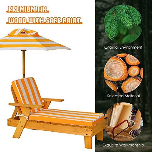 Costzon Kids Chaise Lounge, Wood Patio Chair w/Cushion & Umbrella, Detachable & Height Adjustable, Recliner for Beach Lawn Outdoor, Children Furniture Gift for Boy Girl 3-8 Year Old, Kids Beach Chair