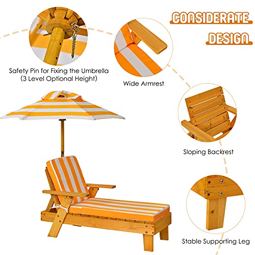 Costzon Kids Chaise Lounge, Wood Patio Chair w/Cushion & Umbrella, Detachable & Height Adjustable, Recliner for Beach Lawn Outdoor, Children Furniture Gift for Boy Girl 3-8 Year Old, Kids Beach Chair