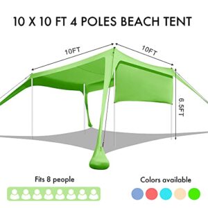 easierhike Beach Sunshade with Side Wall Shade Windproof Design,Sun Shelter UPF50+ Portable Family Canopy Tent Anchors 10x10 FT 4 Poles Pop Up Outdoor Shelter for Beach,Backyard and Picnics