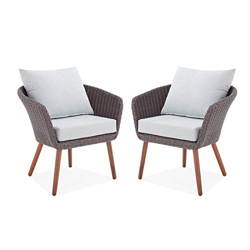 Athens All-Weather Brown Wicker Outdoor Chairs with Light Gray Cushions, Set of 2