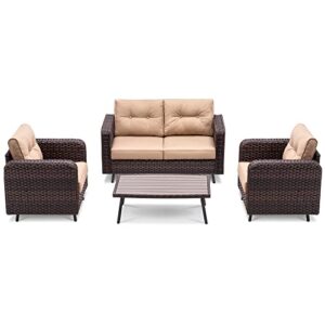 mcombo 4 pieces outdoor patio furniture set, brown wicker conversation set, outdoor furniture sofa couch with tempered glass table, for lawn balcony gazebo, 9541