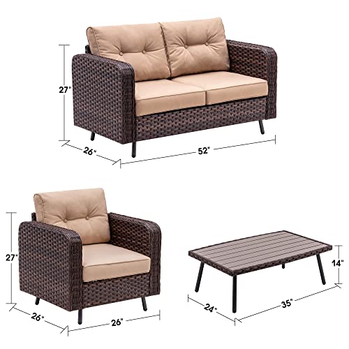 MCombo 4 Pieces Outdoor Patio Furniture Set, Brown Wicker Conversation Set, Outdoor Furniture Sofa Couch with Tempered Glass Table, for Lawn Balcony Gazebo, 9541