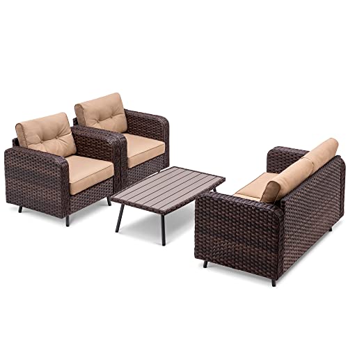 MCombo 4 Pieces Outdoor Patio Furniture Set, Brown Wicker Conversation Set, Outdoor Furniture Sofa Couch with Tempered Glass Table, for Lawn Balcony Gazebo, 9541