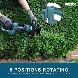 WESCO 40V Cordless Hedge Trimmer, 24-Inch Dual Action Cutting Blades, 3/4-Inch Cutting Capacity, 2Pcs 2.0Ah Li-ion Battery and Charger, Cordless Trimmer for Hedges/Shrubs/Bushes Trimming