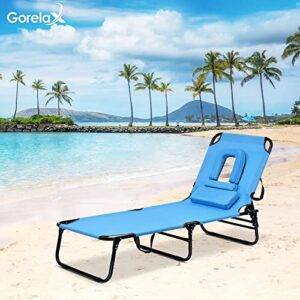 reuniong folding bench chair with a hole for face down, adjustable chaise lounge chair with 4-level reclining positions and removable pillows, outdoor recliner chair for beach, pool, lawn and patio