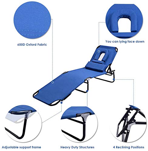 ReunionG Folding Bench Chair with A Hole for Face Down, Adjustable Chaise Lounge Chair with 4-Level Reclining Positions and Removable Pillows, Outdoor Recliner Chair for Beach, Pool, Lawn and Patio