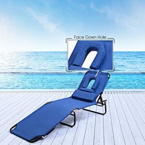 ReunionG Folding Bench Chair with A Hole for Face Down, Adjustable Chaise Lounge Chair with 4-Level Reclining Positions and Removable Pillows, Outdoor Recliner Chair for Beach, Pool, Lawn and Patio