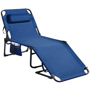 praisun folding lounge chair for outside, chaise lounge for outdoor, tanning chair with 5-position backrest, sun lounger chair with detachable pillow, fabric bag, for pool, garden – navy blue
