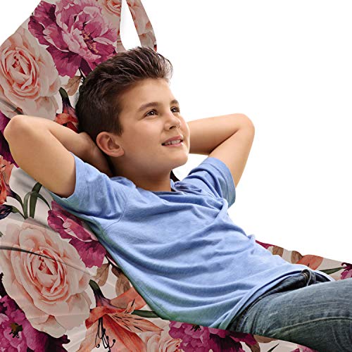 Lunarable Flower Lounger Chair Bag, Floral Pattern with Roses Classic Girly Ornamental Old Fashioned Art, High Capacity Storage with Handle Container, Lounger Size, Eggplant Coral Salmon