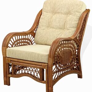 Malibu Lounge Living Accent Armchair Natural Rattan Wicker Handmade Design with Cream Cushion, Colonial