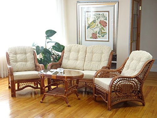 Malibu Lounge Living Accent Armchair Natural Rattan Wicker Handmade Design with Cream Cushion, Colonial