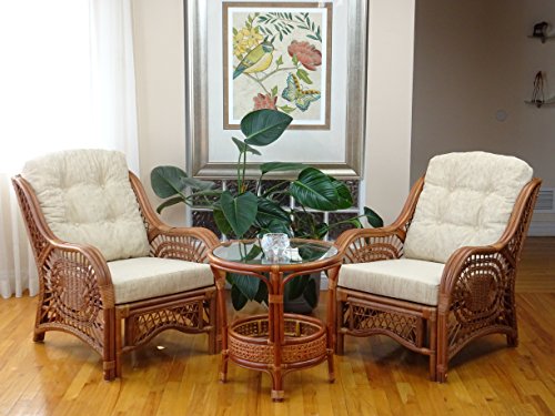 Malibu Lounge Living Accent Armchair Natural Rattan Wicker Handmade Design with Cream Cushion, Colonial